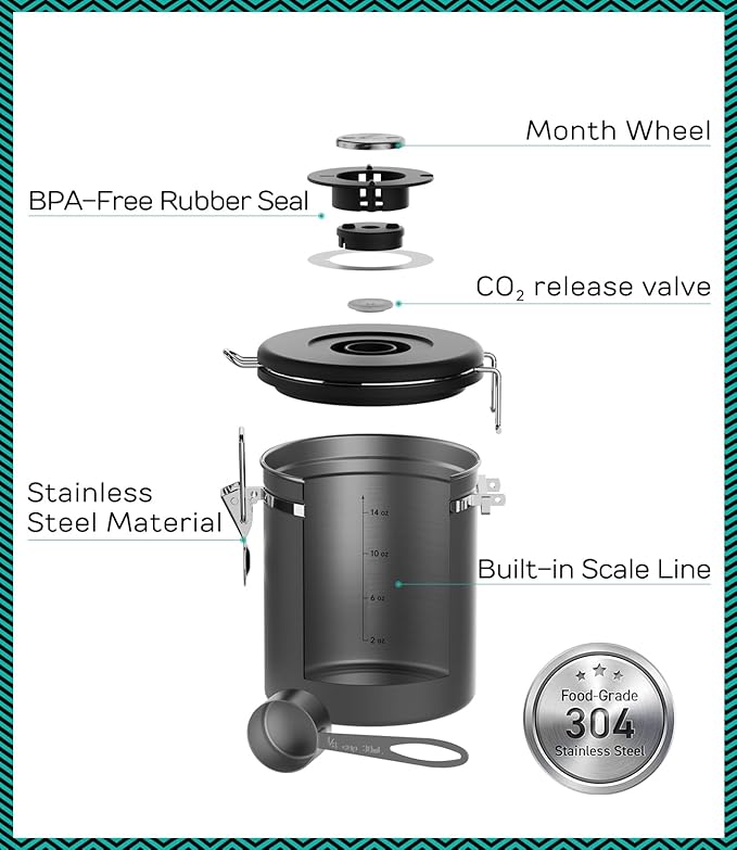 Coffee Gator Stainless Steel Canister - Medium 16oz, Gray Coffee Grounds and Beans Container with Date-Tracker, CO2-Release Valve, and Measuring Scoop - Ideal Coffee Lovers Gifts