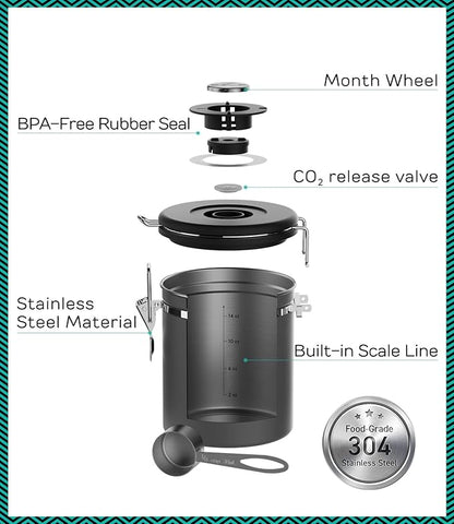 Coffee Gator Stainless Steel Canister - Medium 16oz, Gray Coffee Grounds and Beans Container with Date-Tracker, CO2-Release Valve, and Measuring Scoop - Ideal Coffee Lovers Gifts
