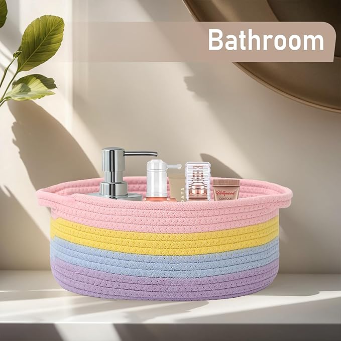 JMvicyroam Woven Basket,Small Rope Storage Bin with Handles & Ribbon Bag, Organizer for Shelves Closets,Gift Basket Empty for Birthday,Books,Dog Toys, Rainbow/2 Pack