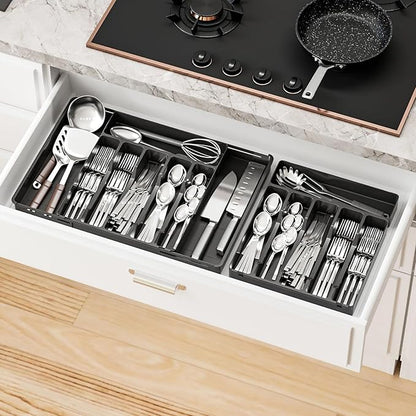 Yieach Black Expandable Silverware Drawer Organizer - Adjust From 11'' to 22'' - Knife,Cutlery,Spoons and Forks Organizer,Large 8 Grid Flatware,Silverware Tray,Utensil Organizer for Kitchen Drawers
