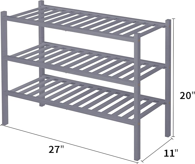 ROMGUAR CRAFT 3 Tier Bamboo Shoe Rack for Closet Free Standing Wood Shoe Shelf Storage Organizer for Entryway Small Space Stackable 27"x11"x20" (Grey)