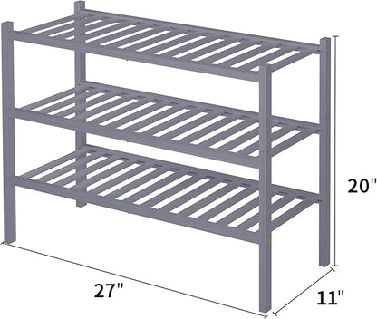 ROMGUAR CRAFT 3 Tier Bamboo Shoe Rack for Closet Free Standing Wood Shoe Shelf Storage Organizer for Entryway Small Space Stackable 27"x11"x20" (Grey)