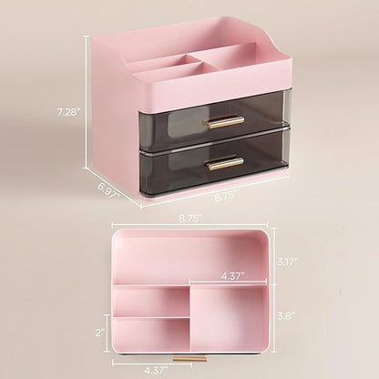 HBlife Makeup Organizer for Vanity with 2 Drawers, Large Plastic Bathroom Countertop Cosmetics Organizer Skin Care Storage, Easy to Store Lipsticks, Nail Polishes, Perfumes, Eyeshadow Palettes, Pink
