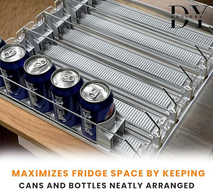 Soda Can Organizer with Automatic Can Pusher | Refrigerator Drink Organizer | Beverage Dispenser for Soda, Cans and Bottles | Space-Saving | Stainless Steel | Adjustable Sizes | 6 Rows