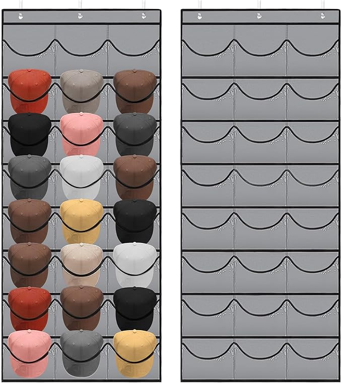BiCINE Hat Rack for Baseball Caps, 24 Pocket Over The Door Hat Organizer Storage, Hat Holder for Door with 3 Hooks, Grey - 1 Pack