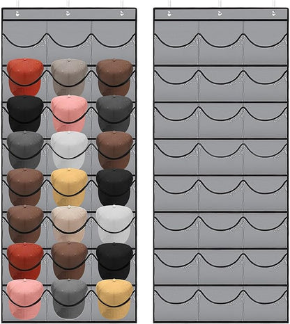 BiCINE Hat Rack for Baseball Caps, 24 Pocket Over The Door Hat Organizer Storage, Hat Holder for Door with 3 Hooks, Grey - 1 Pack