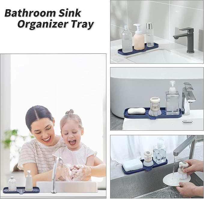 MicoYang Silicone Bathroom Soap Dishes with Drain Spout-Kitchen Sink Organizer,Sponge Holder,Dish Soap Tray,Perfect for Dispenser,Scrubber,Bottle,Cup on Sink or Counter-Navy Blue 12"×4"