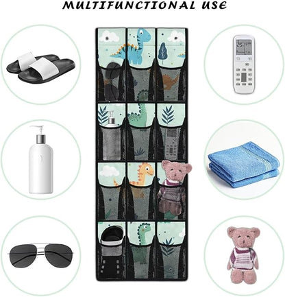 Dinosaur Over The Door Hanging Shoe Organizer,Door Back Organizer,Pantry Organizers and Storage,Spice Rack with 12 Mesh Large Pockets for Kitchen,Bathroom,Small Item Storage Bag