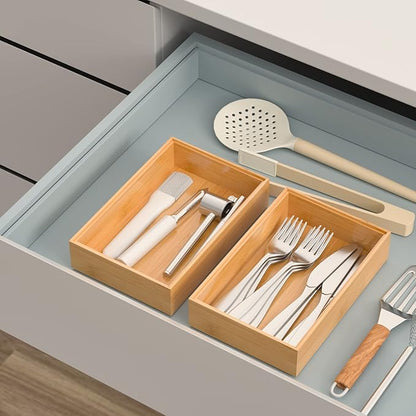 VeyFey Silverware Tray for Drawer, Stackable Kitchen Bamboo Drawer Organizer 9" x 6" x 2" Set of 2