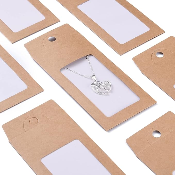 Stiesy 100 Pcs Kraft Paper Necklace Display Cards Cardboard Paper Jewelry Box Presentation Box with PVC Window for Jewelry Display