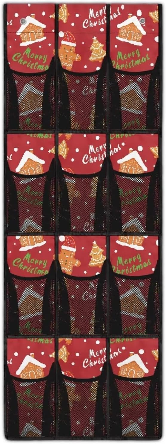 Gingerbread Cookie Over The Door Shoe Organizer for School,Space Saving Door Hanger Organizerf or Merry Christmas 12 Pockets with 4 Metal Hook Wall Hanging Storage