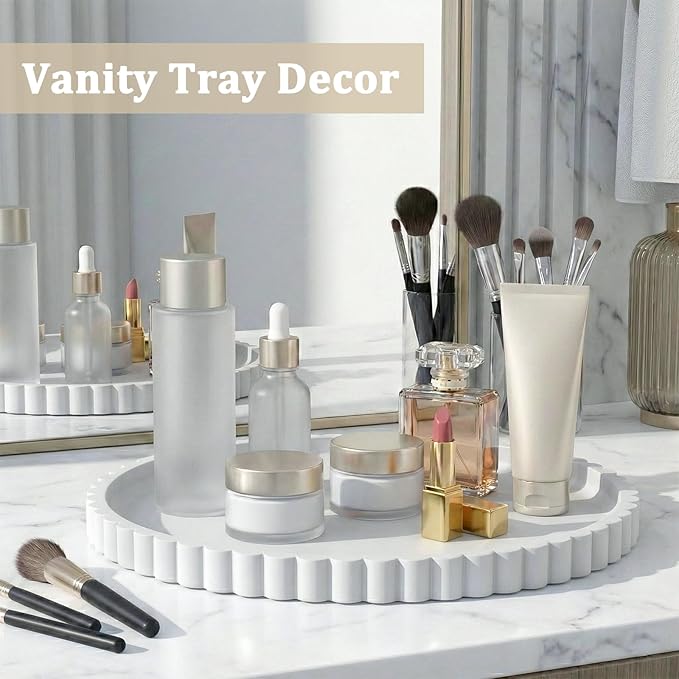 Silicone Bathroom Vanity Tray, Modern Round Decorative Tray for Countertop, Waterproof & Unbreakable Cosmetic Perfume Organizer, Extra-Thick & Sturdy, Easy to Clean Candle Tray (White, 10 inch)