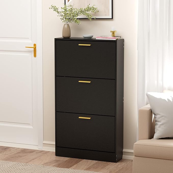 JOZZBY Shoe Cabinet Storage with 3 Flip Drawers for Entryway, Black Slim Freestanding Modern Narrow Shoe Organizer Rack Cabinet for Hallway, Living Room