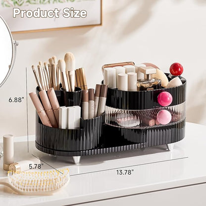 UFORU Makeup Organizer Countertop for Vanity with 360° Rotating Brush Holder, 3 Layer Cosmetic and Jewelry Storage, Makeup Display Case for Skincare&Perfume, Black