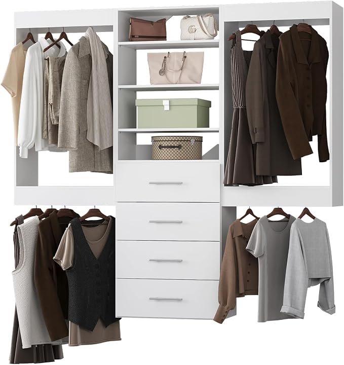 Modular Closet, 72" Wide Organizer with Hanging & Drawers, Wood Tower Storage for Walk-In Closets, Wall Mounted Wardrobe Organizer Kit, Bedroom, White