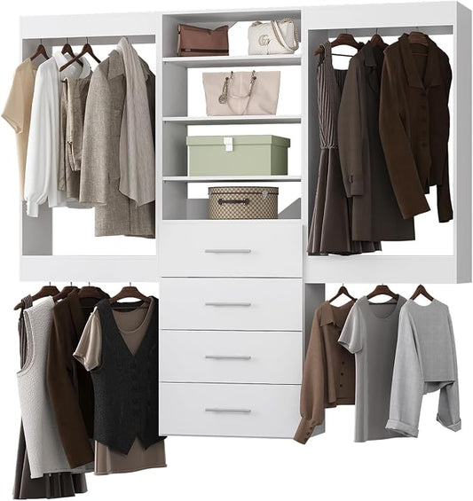 Modular Closet, 72" Wide Organizer with Hanging & Drawers, Wood Tower Storage for Walk-In Closets, Wall Mounted Wardrobe Organizer Kit, Bedroom, White