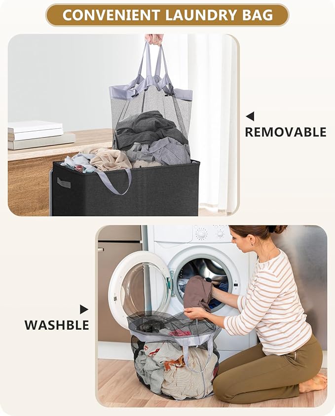 SOLEDI Double Laundry Hamper with Lid, 130L Clothes Hamper 2 Section, Laundry Basket with Removable bag, Bed room decor aesthetic, laundry room organization, Home and dorm room essentials