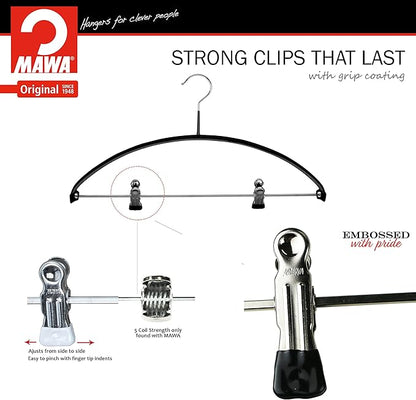 Mawa by Reston Lloyd European Non-Slip Metal Clothing Hanger, Smooth Shoulder Support & Adjustable Pant Clips, Set of 5, Black