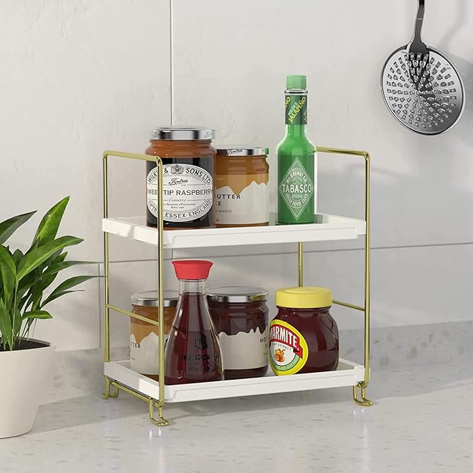 2-Tier Makeup Perfume Counter Organizer, Bathroom Countertop Shelf Vanity Bedroom Storage Tray,Kitchen Spice Rack Standing Shelf(Gold,White)