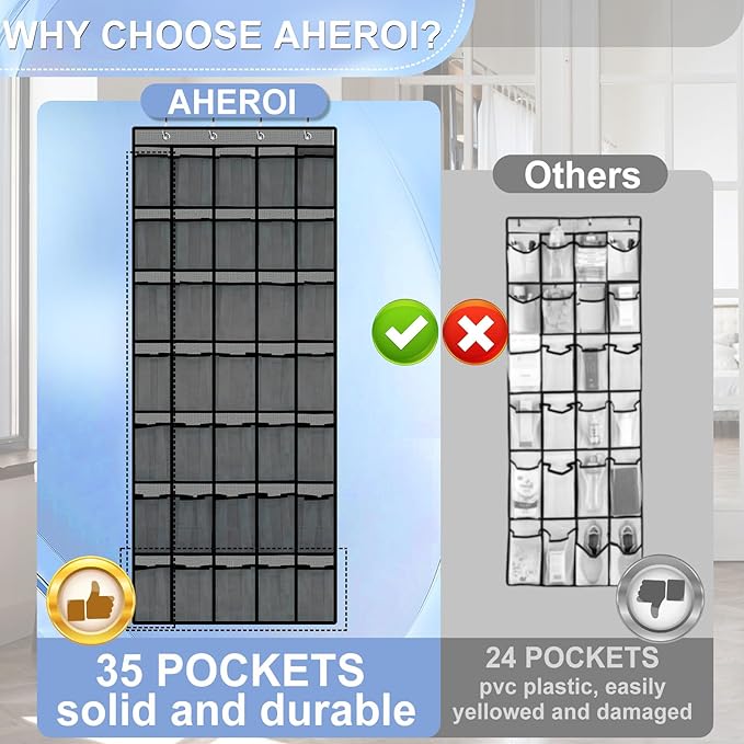Aheroi Over the Door Shoe Organizer, 35 Pockets Mesh Shoe Organizer Door Hanger, Large Hanging Shoe Rack Holds Up to 40 lbs, Closet Shoe Behind Door Rack, Gray Durable Storage Hanging Bag