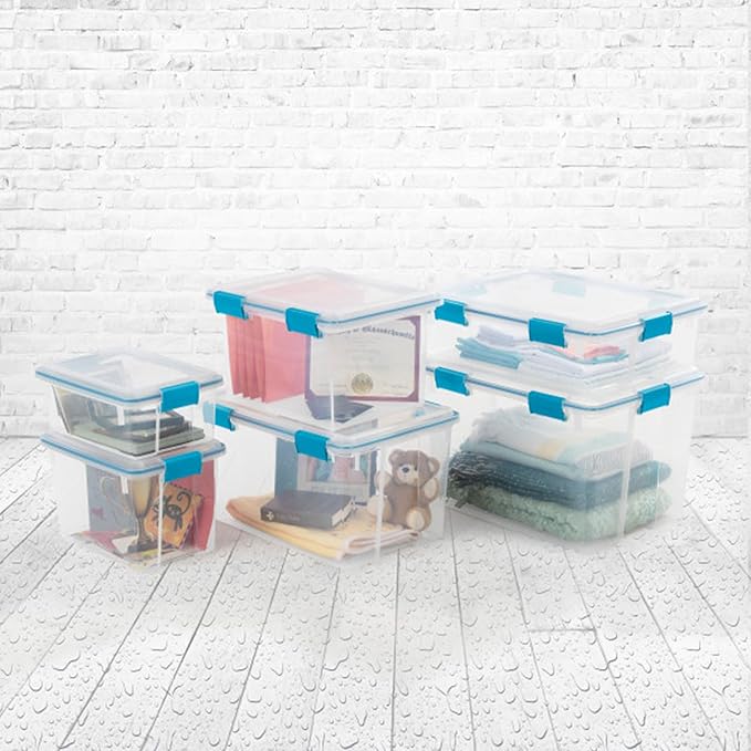 Sterilite 12 Qt Gasket Box, Stackable Storage Bin with Latching Lid and Tight Seal, Plastic Container to Organize Basement, Clear Base and Lid, 6-Pack