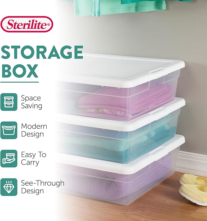 Sterilite Storage Box, Stackable Plastic Container Home Organizer, 28 Qt(20 Pack)