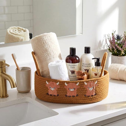 Vesici Highland Cow Storage Basket for Toilet Tank Top Farmhouse Woven Cotton Rope Bathroom Countertop Organizer Basket with Handle Highland Bathroom Decor for Christmas, 13 x 6 x 4 Inch