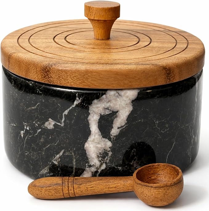 Marble salt cellar with lid and spoon, salt container with spoon, salt bowl with acacia wood lid, salt holder for countertop, salt jar - Black