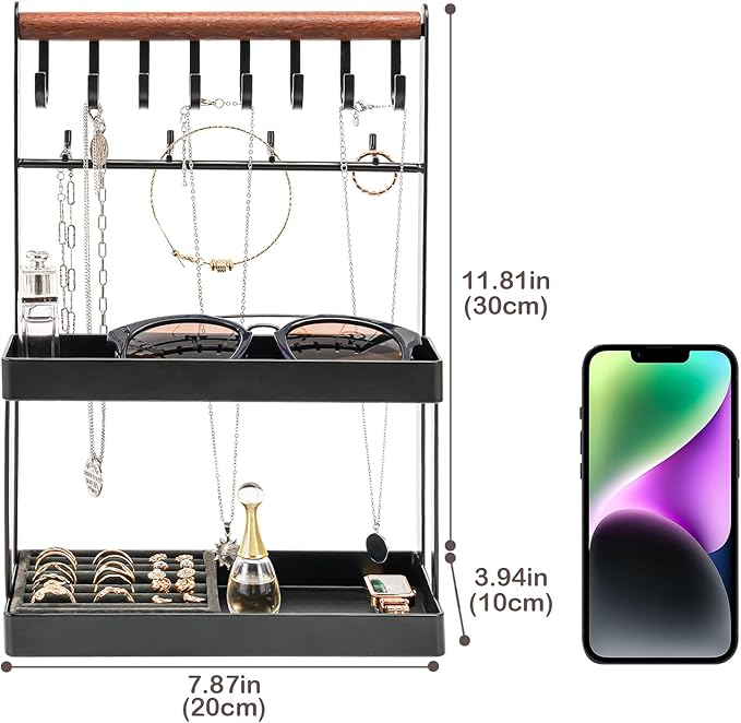 Lolalet 4-Tier Jewelry Organizer Stand with 12 Hooks, Necklace Bracelet Ring & Sunglasses Holder, Cute Metal Jewelry Storage Rack for Vanity, Dresser or Entryway, No Assembly -Black