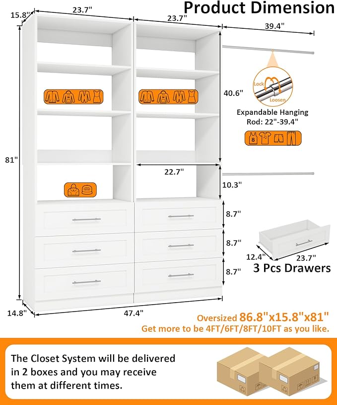 Closet System with 6 Drawers & 8 Shelves, Wood Closet Organizer System with 2 Extra Hanging Rod for Walk in Closet, Modular Closet Organizer System White(4FT)