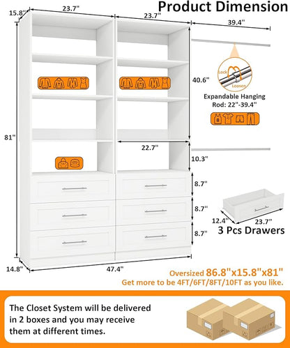 Closet System with 6 Drawers & 8 Shelves, Wood Closet Organizer System with 2 Extra Hanging Rod for Walk in Closet, Modular Closet Organizer System White(4FT)