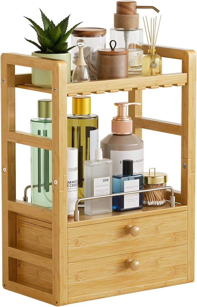AmazerBath Bamboo Bathroom Countertop Organizer, 2-Tier Makeup Organizer with 2 Drawers, Vanity Organizer Storage Coffee Matcha Station, Compact Shelf for Bathroom Kitchen Office