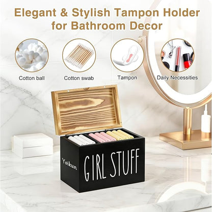 Tampon Holder for Bathroom with Hinged Lid, Modern Farmhouse Feminine Product Organizer, Decorative Storage Box for Pads & Period Essentials, Toilet Tank or Countertop