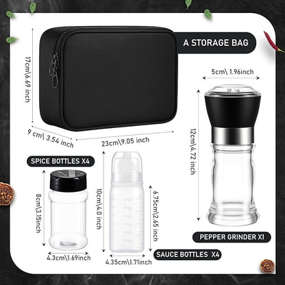 10 Pcs Camping Portable Spice Set Kit with 4 Spice Containers, 4 Sauce Bottles, 1 Pepper Grinder, and 1 Storage Bag for Outdoor Travel, Camping, BBQ, and Picnics