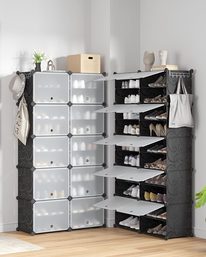 Mondeer Shoe Rack, Plastic Shoe Cabinet, 10 Levels, Shoe Rack Organiser Holds 40 Pairs of Shoes, Space Saving, for Hallway, Bedroom, Living Room, Entrance (Black)