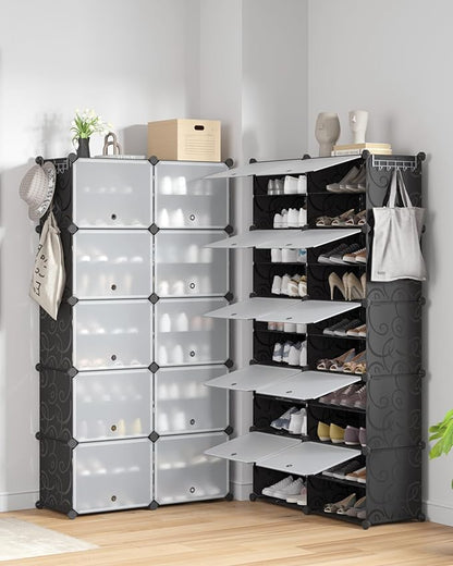 Mondeer Shoe Rack, Plastic Shoe Cabinet, 10 Levels, Shoe Rack Organiser Holds 40 Pairs of Shoes, Space Saving, for Hallway, Bedroom, Living Room, Entrance (Black)