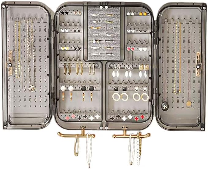 Wall Mounted Jewelry Organizer -No Punching Foldable 4-Compartment Earring Holder for Necklaces, Rings, Bracelets | Jewelry Holder Wall for Women & Girls (Gray)