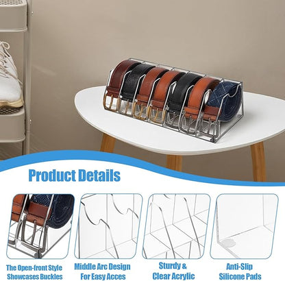 Belt Organizer – 7 Compartment Acrylic Storage Case with Anti-Slip Pads, Clear Display Holder for Belts, Ties & Accessories