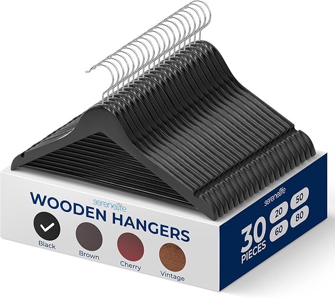 SereneLife 30-Pack Black Wooden Clothes Hangers – 14” Heavy-Duty Solid Wood with Pants Bar, Non-Slip Notches & 360° Chrome Swivel Hook, Space-Saving Coat, Jacket & Suit Hangers for Closet Organization