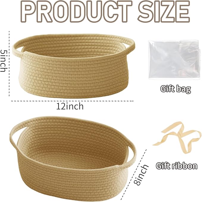 JMvicyroam Woven Basket,Small Rope Storage Bin with Handles & Ribbon Bag, Organizer for Shelves Closets,Gift Basket Empty for Birthday,Books,Dog Toys, Jute/3 Pack