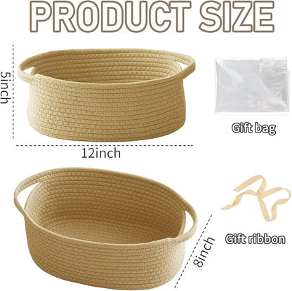 JMvicyroam Woven Basket,Small Rope Storage Bin with Handles & Ribbon Bag, Organizer for Shelves Closets,Gift Basket Empty for Birthday,Books,Dog Toys, Jute/3 Pack