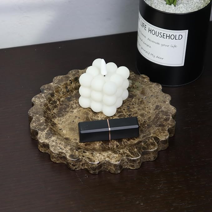 Round Marble Decorative Tray with Scalloped Edge, Luxury Natural Stone Bathroom Vanity Tray, Dresser Top Perfume Coffee Home Kitchen Sink Tray, Key Trinket Ring