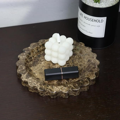 Round Marble Decorative Tray with Scalloped Edge, Luxury Natural Stone Bathroom Vanity Tray, Dresser Top Perfume Coffee Home Kitchen Sink Tray, Key Trinket Ring