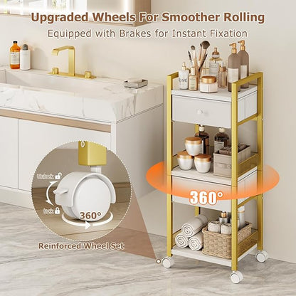 Flycity Makeup Organizer Cart with Drawers, 5 Tiers Rolling Makeup Cart, Floor Skincare Organizers, Vanity Organizer Storage with Wheels Cosmetic Display Cases for Skin Care Perfume Nail Polish, Gold