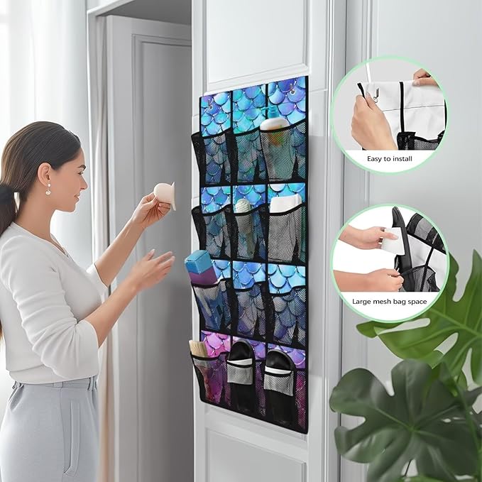 Over the Door Organizer with 12 Mesh Pockets, Space Saving Hanging Storage for Bedroom, Bathroom, Pantry, Clear View Window & Reinforced Mesh Pockets,Fish Scale