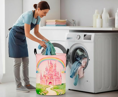 CLOCOR Large Laundry Basket,Waterproof Nursery Hamper,Collapsible Fabric Storage Container,Room Decor,Gift Basket（Pink Castle