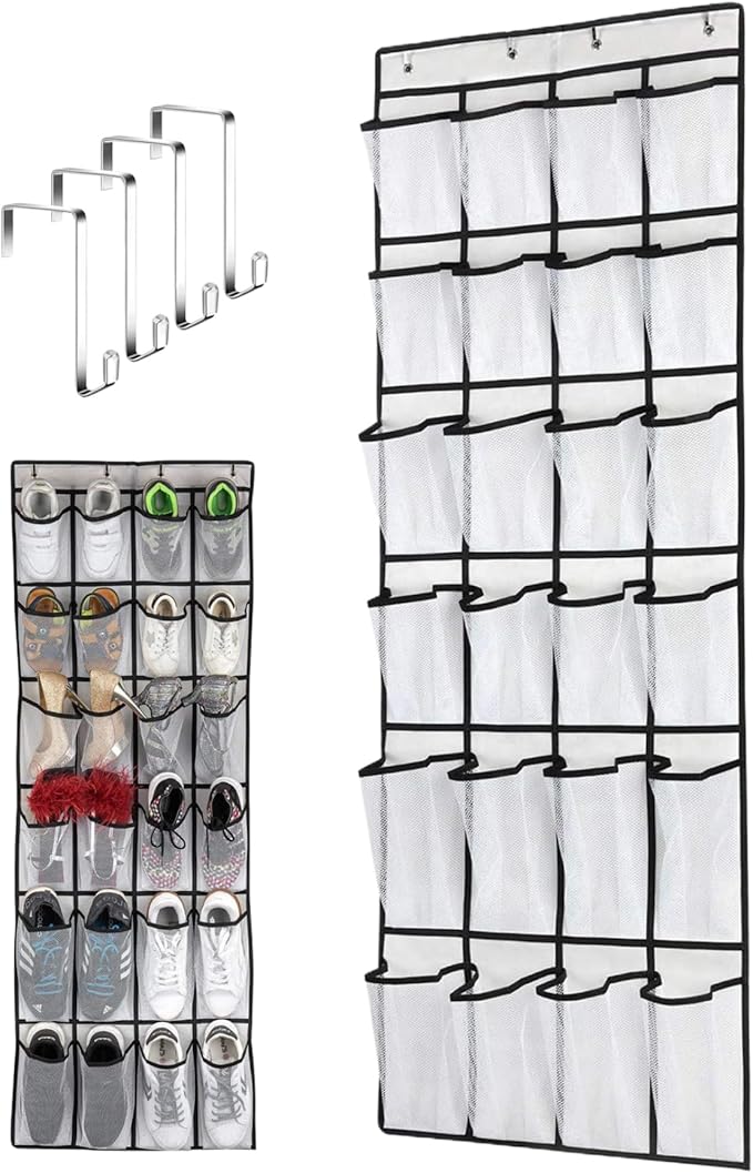Over the Door Shoe Organizer, 24 Pocket Breathable Mesh Hanging Shoe Organizer, Shoe Holder, Sturdy over the Door Storage Fits for Size 13 Shoes 59x21 Hanging Shelves, White