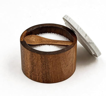 Salt Cellar with Lid, Built-in Spoon Box Bowl, Airtight Spice Container for Kitchen, Grey Natural Marble Top & Solid Walnut Wood Base, Modern Rustic Style (3.5”D x 2.7”H)