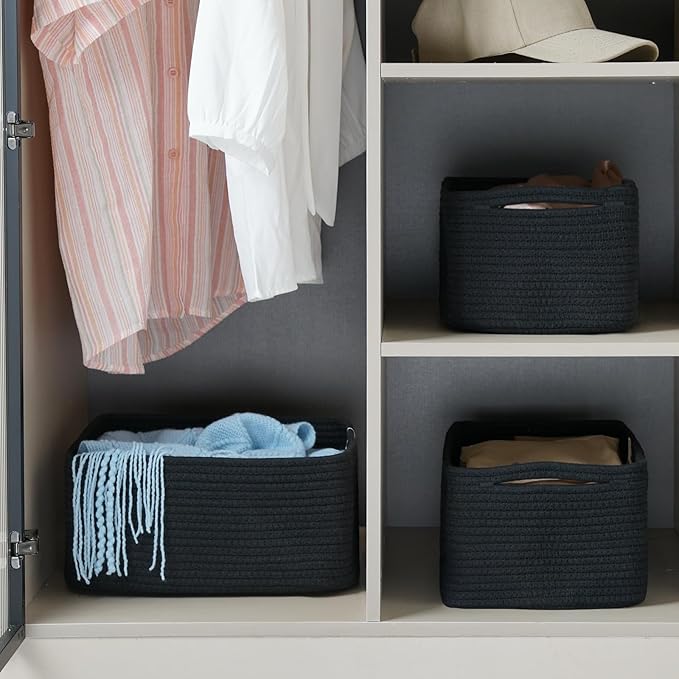 3-Pack Storage Baskets for Organizing | Woven Shelf Toy Basket | Rope Baskets for Gifts Empty | Closet Organizer Bins with Handles | Cube Decorative Box | 13.7×7.1×6.7” | Mixed Black