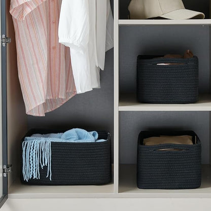 3-Pack Storage Baskets for Organizing | Woven Shelf Toy Basket | Rope Baskets for Gifts Empty | Closet Organizer Bins with Handles | Cube Decorative Box | 13.7×7.1×6.7” | Mixed Black